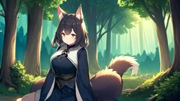 Girl, animal tail, animal ears, sit , night time, forest