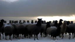 A flock of crows surrounds a standing sheep. The sheep looks alarmed and is raised slightly on one leg. The setting is a snowy field with a sky of clouds above.