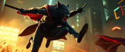 werewolf and vampire cyberpunk action scene, acrobatic dodge, cape harlekin