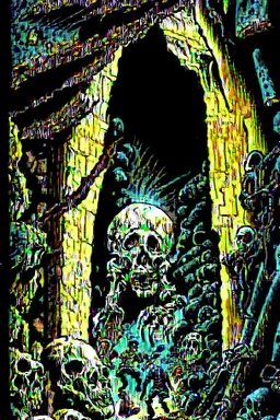 ,Digital illustration of horror genre comic book cover from the 1980s, giant larger than life skeleton picks up tiny humans as they try to run away from inside the cave, macabre, gorey, 1970 illustration art style, absurdist, conye.color pencils, ink, counter culture, dystopian, retro futuris. 90s riot girl look, punk aesthetics, collage, psychedelic, grime, textured, mixed media with a british pop culture influence, maximalism, feminist icon,