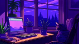 cat cozy purple computer desk night time window plants