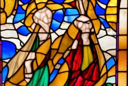 Cloaked woman holding fire, 8K, high body details, anatomically perfect bod, stained glass window