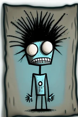 2d drawing of a stickman, cool with punk hair, x eyes like in hangman, no shirt and only dressed in a shower towel,hands in air , looking frustrated ,3d realistic in colour