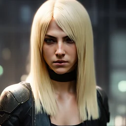 Photorealistic headshot of a beautiful fierce blonde assassin cyberpunk dynamic pose