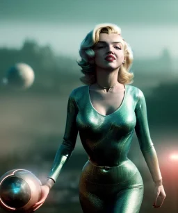 Ultra Realistic retro sci-fi 1960 scene, waist up view portrait, blonde woman, sweet young Marilyn Monroe face, perfect iris, tight latex coat, alien planet background, tight style, steel sphere dron levitating, fog, rain, soft color, highly detailed, unreal engine 5, ray tracing, RTX, lumen lighting, ultra detail, volumetric lighting, 3d, finely drawn, high definition, high resolution.