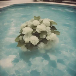 Hydrangea in a swimming pool, old polaroid 1960s