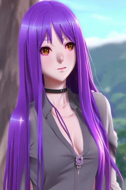 beautiful woman with green eyes and long purple hair anime realistic