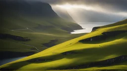 Mountainous landscape on the Faroe Islands, sunlight, chiaroscuro, awe-inspiring, beautiful composition, award-winning photograph