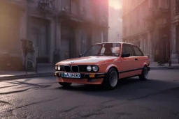 a 1990 bmw 2-door 4k ,ultra realistic,concept, 4k ,on street, parked in crowded city