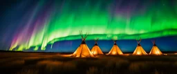 Prairie landscape, aurora borealis, 3 teepees, historically authentic