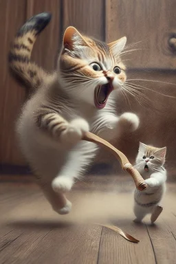 mother cat wearing an aprin using a wooden spoon to chase a baby cat