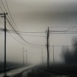 An empty road on a misty day. Telegraph poles and wires. Muted tones. With blotches and lens noise. Hyper realistic Photo 4k