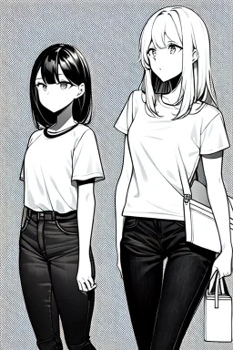 two girls dressed in jeans and a T-shirt walk in the city, line arts, greyscale