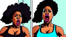 2 panels: one with an angry black lady screams on phone the other panel shows Tyrone using workout machine