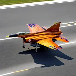 award winning photograph of a house-fly fighter-jet genetic-splice designed by only one vehicle per image painted metallic orange traveling at a high rate of speed, jet intake off of front center of vehicle and jet exhaust out the rear with bright blue flames painted on the hood and front quarter panels, bilaterally symetrical, more a high speed road vehicle