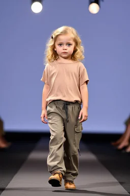 2 years old beautiful baby blue eyes girl fashion model in loose pants and loose top with blonde curvy wavy hair ,cat walks in runway,catwalk and pose at end with cute
