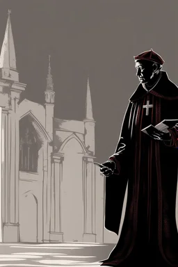 cardinal priest, reading, shadow, silhouette, gray background, medieval, illustration,