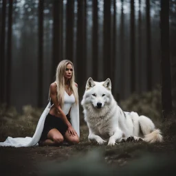 Beautiful young woman kneeling in front of a large white alpha wolf