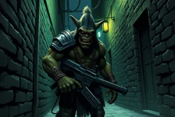 Orc mafia enforcer standing in an alleyway