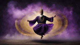 Hyper Realistic Sufi Whirling with Black, & Purple Islamic Sufi Rustic Grungy Background with golden crystals & fog around at night