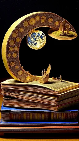 Circle upstairs of antique books going to a falling moon, diorama in they style of moebius