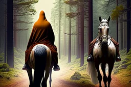 hooded monk on horseback in the forest