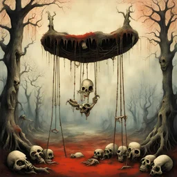 surreal creepy playground, possessed evil giant bone playground swing set with seats very high off ground, by Zdzislaw Beksinski, pagan goat skulls and pagan symbology, creeping red moss dripping off the old creaking bone swing structure, weirdcore, horror watercolor illustration, horror poster art,