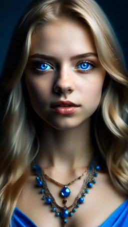 bleu dress with bleu pearls on it, Age 22, girl, white Complexion, light brown eyes, almond eyes shape, long hair, blonde hair, silky hair, square face, button nose,bleu evil eye necklace