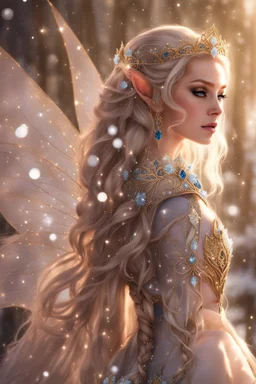 Elven princess,elven crown,long white blonde golden hair,rapunzel hair,ice flowers,beautiful,light blue,dark blue,golden armor,sparkle,glitter,ice flowers,snow,elven ears,dark fairy princess