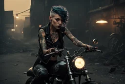 scarred cyberpunk vampire girl with tribal tattoos short curly cyberpunk hair riding a black cafe racer motorcycle in a post apocalyptic industrial wasteland at night