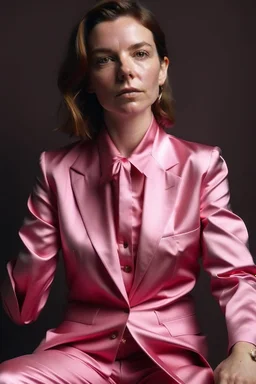 woman in pink satin suit