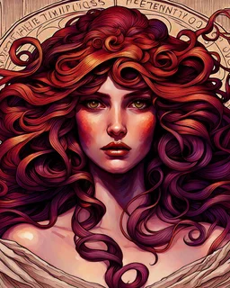 Tile hair, flaming lips, eyes seeking eternity, leader of the witch community, coppery tresses tumbled about her face, tremendous facial anatomy, meaningful beautiful brown eyes, wavy purplish hair, one third rule, trending on top of Art station, by Alphonse Mucha"