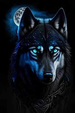 Portrait of an all black wolf with steel blue eyes a Scar on its chest in the shape of the crescent moon