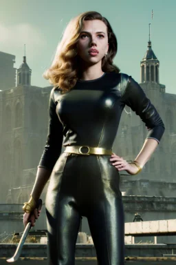 retro portrait image from 1960, city background, wind, long hair, young Scarlett Johansson, classic black tight lycra suit, metal stick weapon, gold bracelet and belt, high heel boots, soft color, highly detailed, unreal engine 5, ray tracing, RTX, lumen lighting, ultra detail, volumetric lighting, 3d, finely drawn, high definition, high resolution.