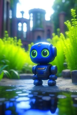 adorable cute chat priest robot with short punk hair and real human reflective eyes, blue fluffy by pond in garden of st. Barbara cathedral, its such a perfect day, motion blur, smoke, 8k, downlight, soft light, depth of field, photorealism, trending on art station, lotsa detail