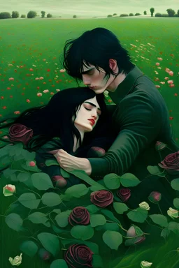 A green grassy land full of roses, on which a young man and a woman with black hair sit, exchanging roses and embracing each other.