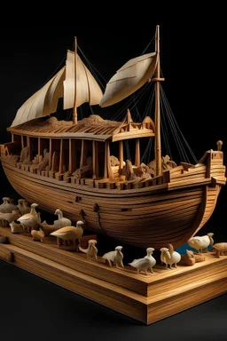 Create a photorealistic image of Noah's Ark, an enormous wooden ship. Omit sails and masts, showcasing only the fundamental structure of the ship. The ark should be exceptionally large, entirely made of wood, with a small triangular shape on top resembling a roof. Placed in the middle of the ocean, the water is cluttered with debris—wood pieces and trees, displaying a brownish hue. In the background, a shining sun illuminates the vessel, set against a scene of heavy rain and turbulent waves