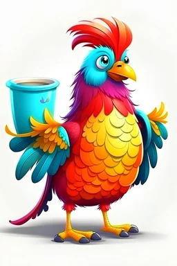 Cartoon, happy, realistic, colorful feathered bird turako looks full-length in the center and offers to drink coffee from a plastic cup and holds the cup with one wing, and with the other shows a cup of coffee 16k