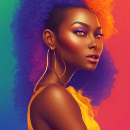 Portrait of beautiful black woman, illustration, bright colors, long curly hair