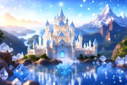 A beautiful photo hyper realistic shiny white huge cosmic crystal transparent and luminous india landscape Indian faery castle on blue hills in the background in the sky, crystals water, diamonds, glitter smalls white and littles stars, white and glitter, cosmos, 4k, ultra details, real image with intricated details, unreal engine 4, bokeh