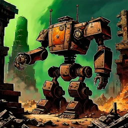 90's fantasy tcg art of a giant junk robot made of multiple parts in the ruins of a post apocalyptic city