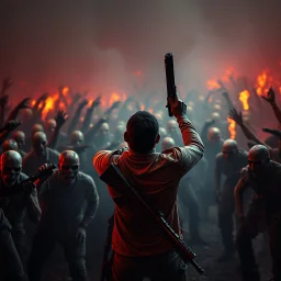 A hyper-realistic ,man with weapons facing a crowd of zombies against post apocalypse world., vibrant colors,, 64K, hyperrealistic, vivid colors, (glow effects:1.2) , 4K ultra detail, , real photo