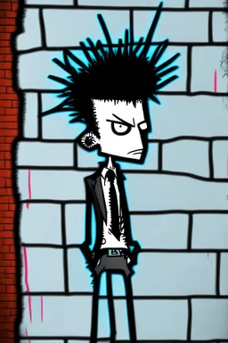 2d drawing of a stickman, cool with punk hair, x eyes like in hangman, smart suit, leaning against a wall,3d realistic in colour