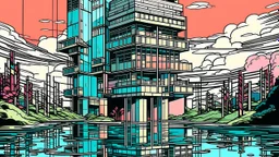 colorful flat illustration classical animes, Brutalist architecture is reflected in the water, creating a canvas of color that challenges its reputation for monotony., draw art style influenced by japanese artists, niji, black outlines