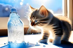 Cute tabby kitten sniffing ice water spilling from a thermos in a kitchen in the sunshine. Ice cubes and snowflakes.