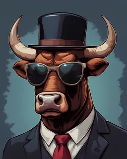 Big, wild, handsome muscular bull in hat , tie and sunglasses