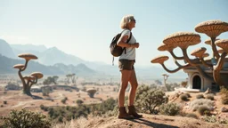 A photorealistic image of a slender 60-year-old woman, in brown shorts, a shirt and boots, with a backpack, standing on a hill looking down on an empty futuristic village with low flat alien buildings with trees and fungi in clumps, right blue sky.