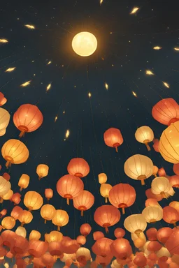 a hand drawing image of a lantern festival at night, with numerous orange, red, and yellow illuminated lanterns floating into the starry sky. The lanterns are of varying sizes, with a larger, bright lantern in the center acting as the focal point, surrounded by radiating light rays. The atmosphere is magical and festive, symbolizing hope and renewal,