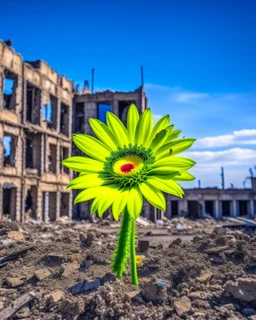 flower of peace blooming on damaged building in war torn city