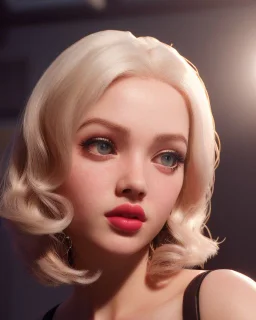 Cherry Crush, big eyes, upturned nose, curly blonde hair, highly detailed, mini skirt and crop top, 8K, photorealistic rendering